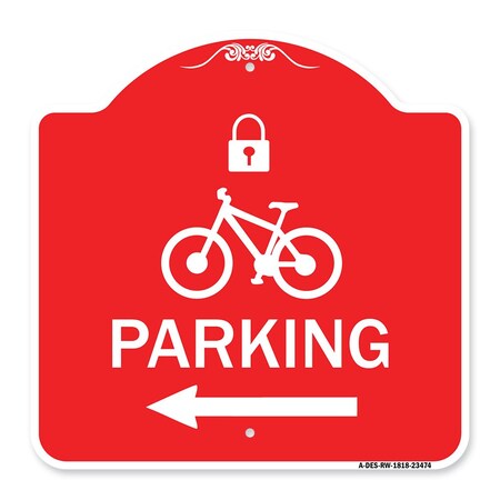Signmission Parking W/ Lock Cycle & Left Arrow, Red & White Aluminum Sign, 18" x 18", RW-1818-23474 A-DES-RW-1818-23474